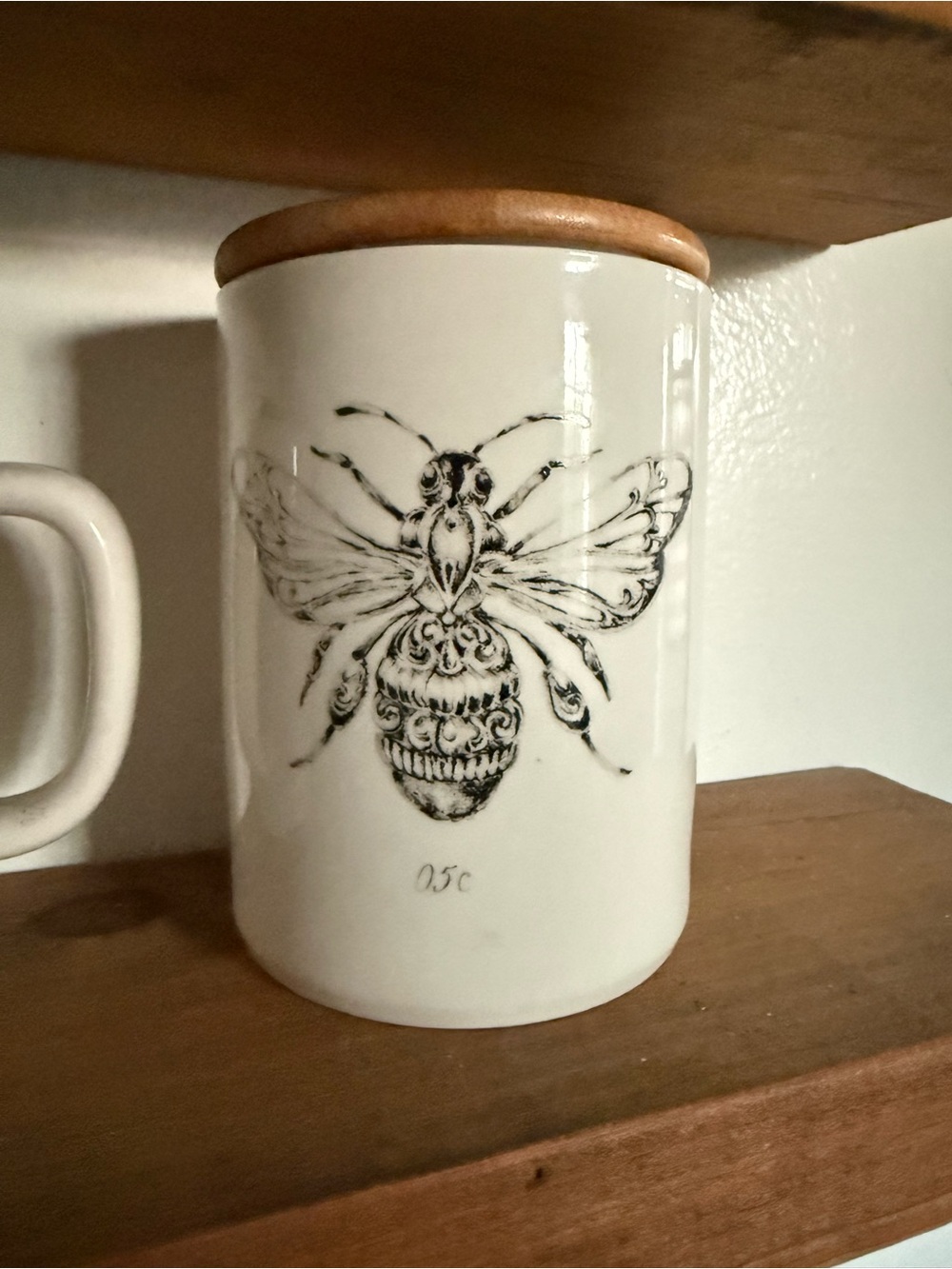 White Ceramic Bee Canister with Wood Lid